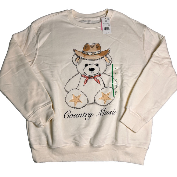 NWT Zoe + Liv Crew Neck Sweater Womens M Country Music Bear Applique Soft Cozy - Picture 2 of 6